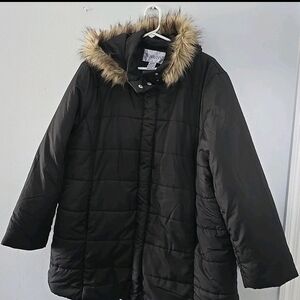 Roaman's Women's Coat Size XL Detachable Faux Fur Hood Black Puffer Jacket